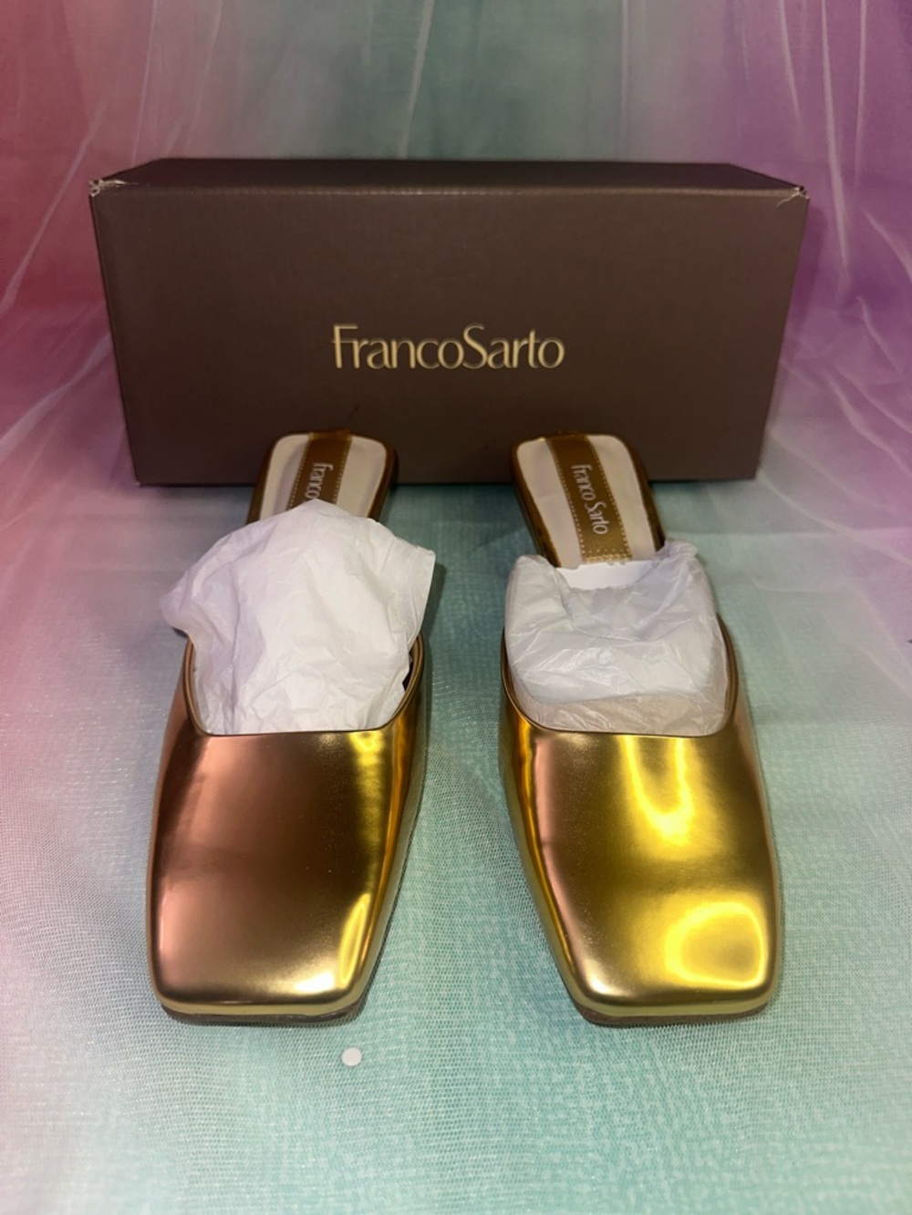 Franco Sarto Rose Gold and Gold Square-Toe Slip-On Mules